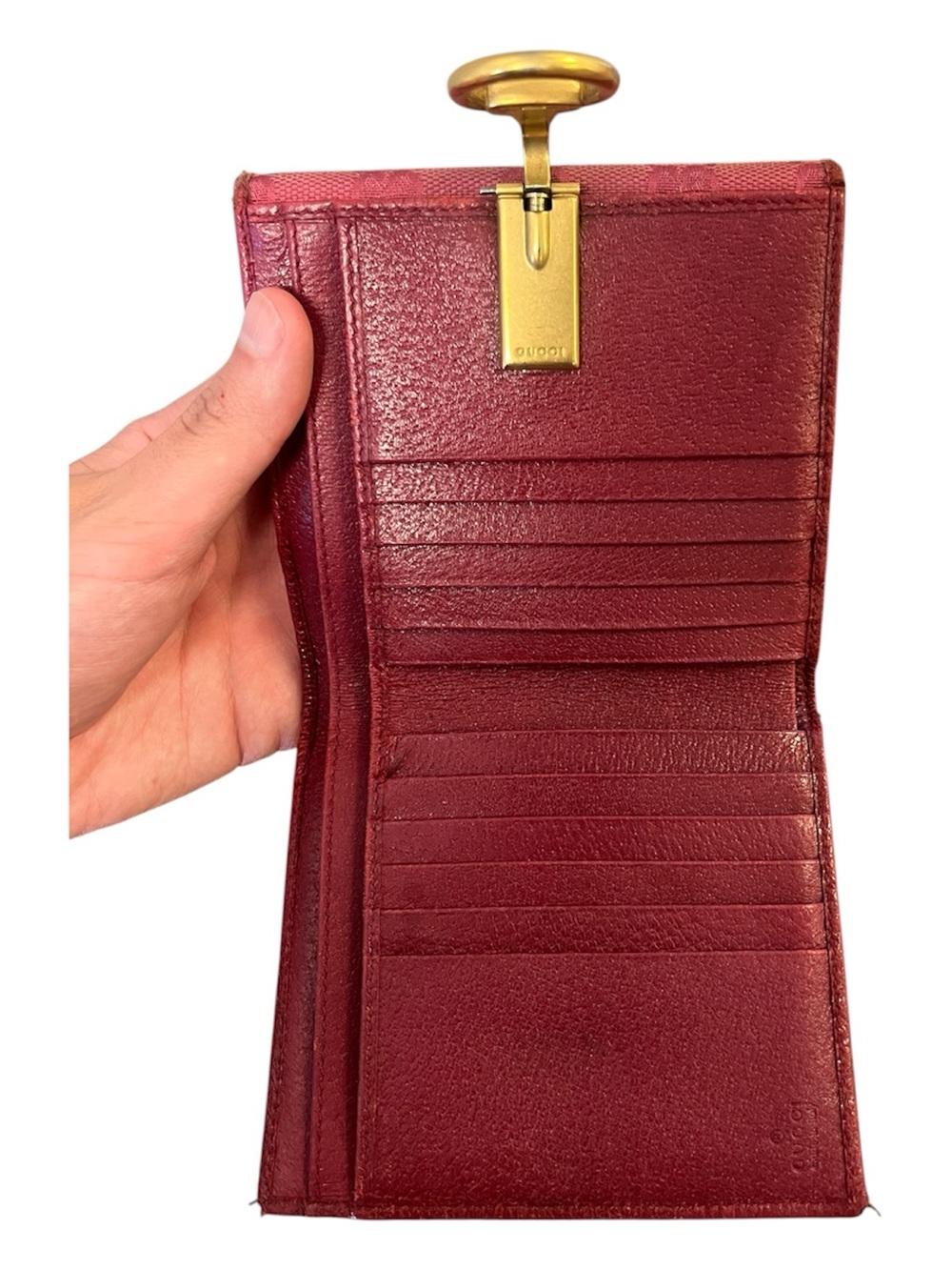 Gucci Vintage GG Canvas Horsebit Ring Trifold Wallet Burgundy Red - Picture 6 of 11